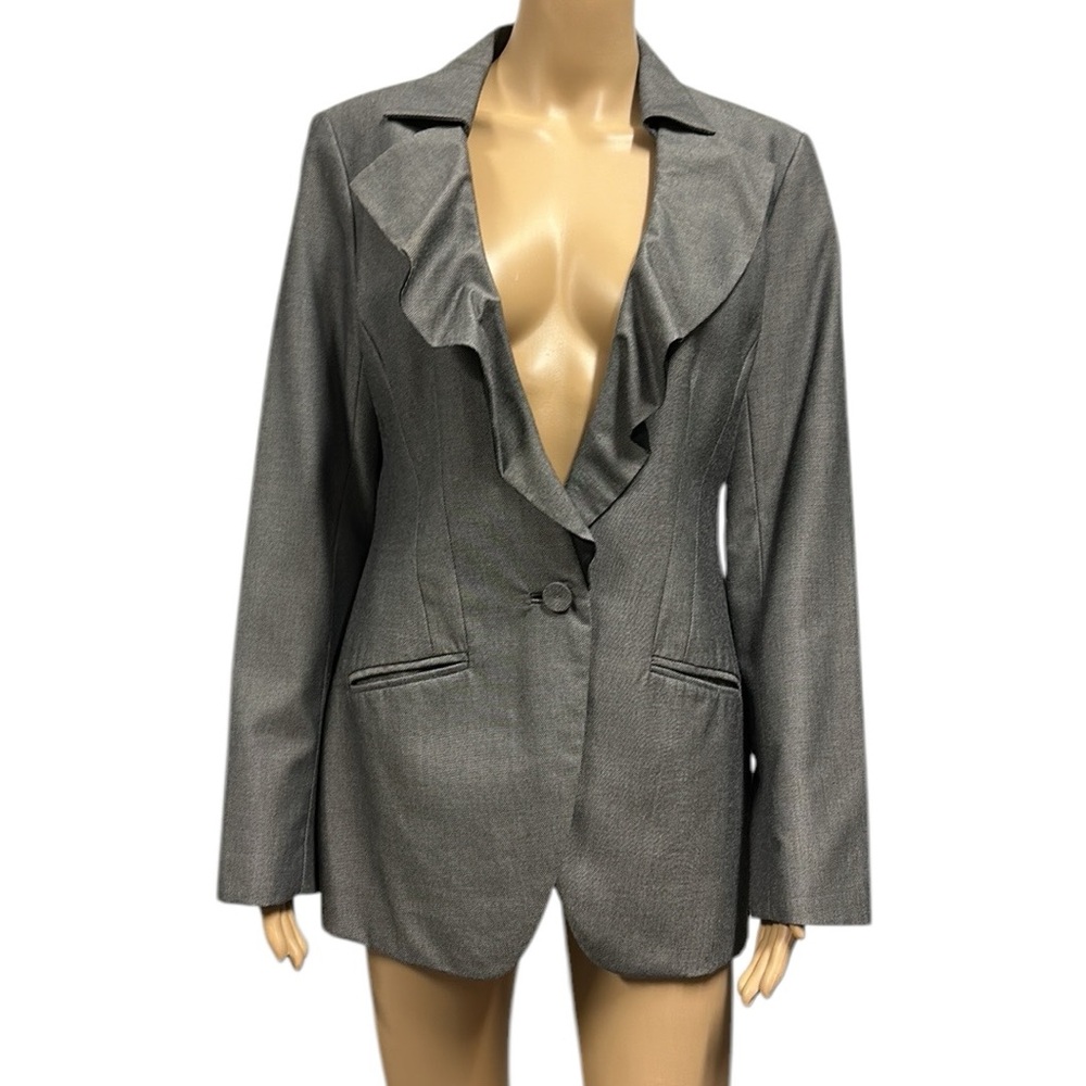 White House Black Market Blazer Jacket Ruffled Lapel Salt Pepper Womens Small